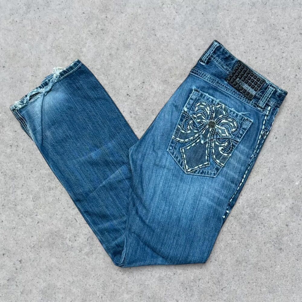Y2K Affliction Cooper Tribal Cross Embroidered Distressed Blue Jeans